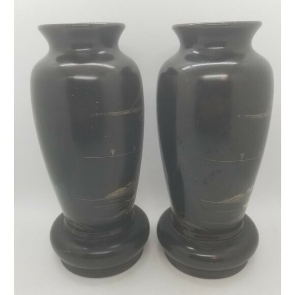 1950's Japanese Black Laquer Over Wood Vases Interior Liners Hand Painted Pair - Picture 3 of 12